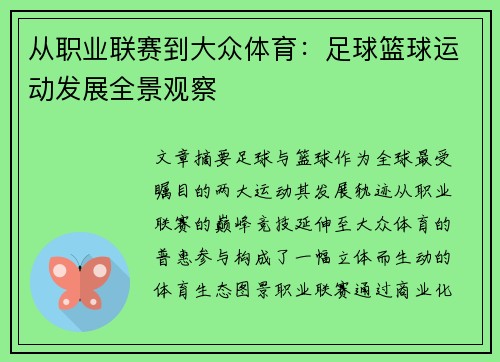 从职业联赛到大众体育：足球篮球运动发展全景观察