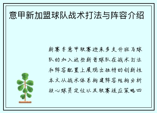 意甲新加盟球队战术打法与阵容介绍