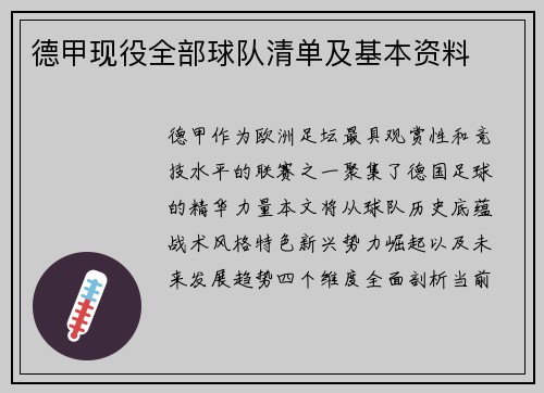 德甲现役全部球队清单及基本资料